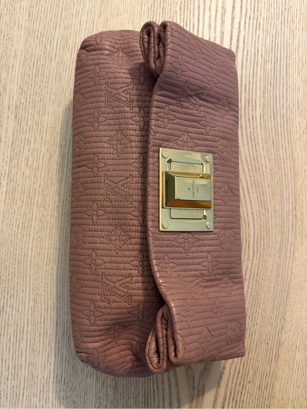Louis Vuitton Mauve Taupe Leather Monogram Clutch with Gold Mirror